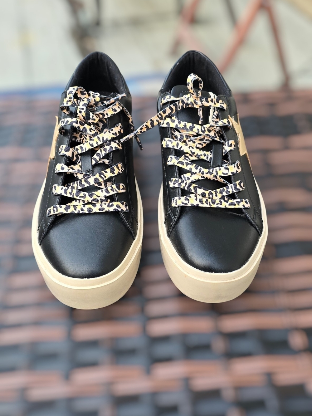 ShuShop Black Sneakers with Gold Star and Leopard Laces